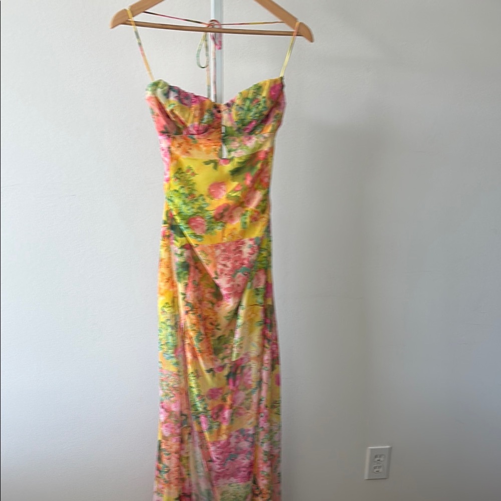 NWT Floral Dress L Y2K Lace-Up Back Maxi Side Slit Coquette Boho Resort Romantic - Picture 6 of 16